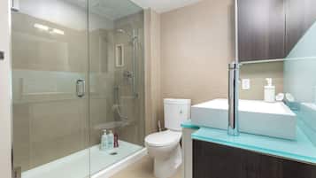 Comfort Apartment, Kitchen, City View | Bathroom | Shower, hair dryer, towels, soap