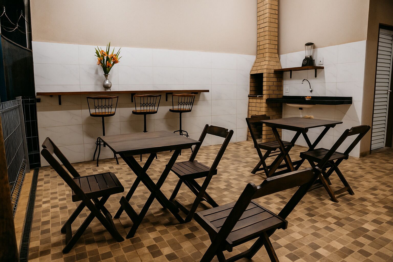 A dining area with a checkered floor, a wooden table, and four chairs. There is a vase with flowers on the wall, a brick chimney, and a shelf with a blender.