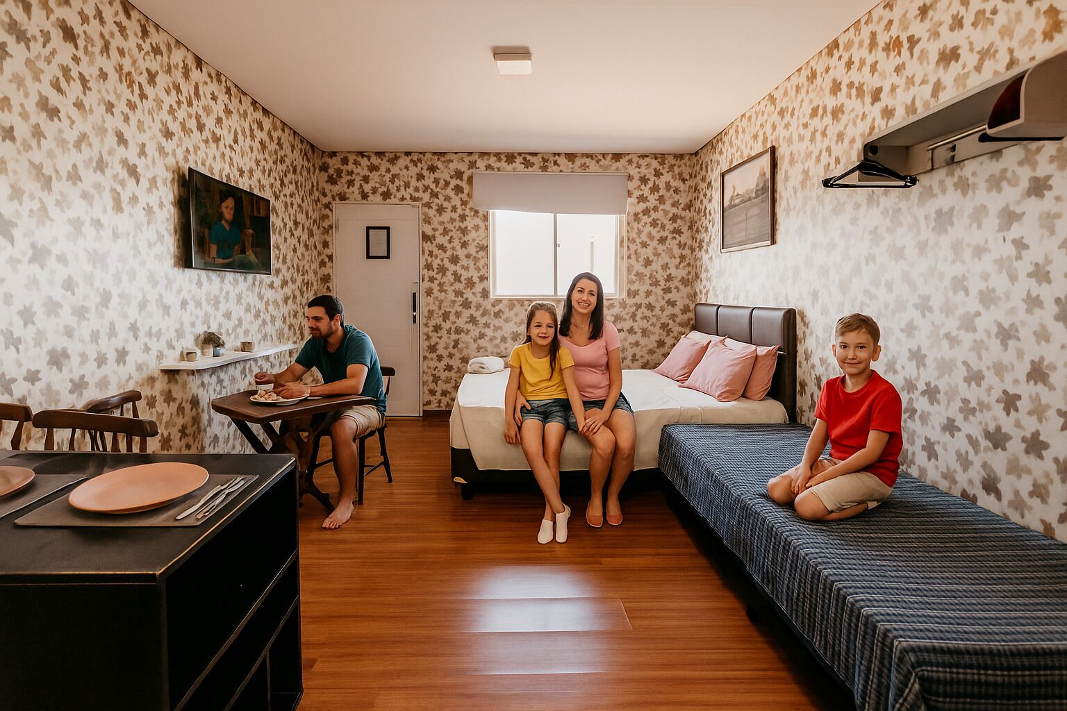 Una familia en una habitación con una mesa de comedor, una cama y un sofá.