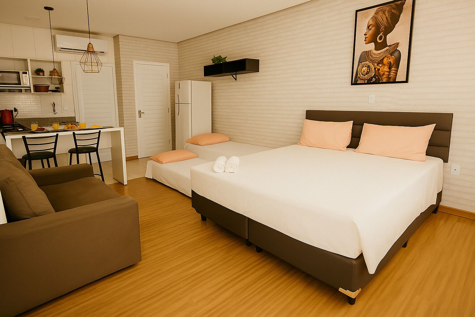 A hotel room with a bed, a sofa, a desk with a chair, a microwave, and a refrigerator.