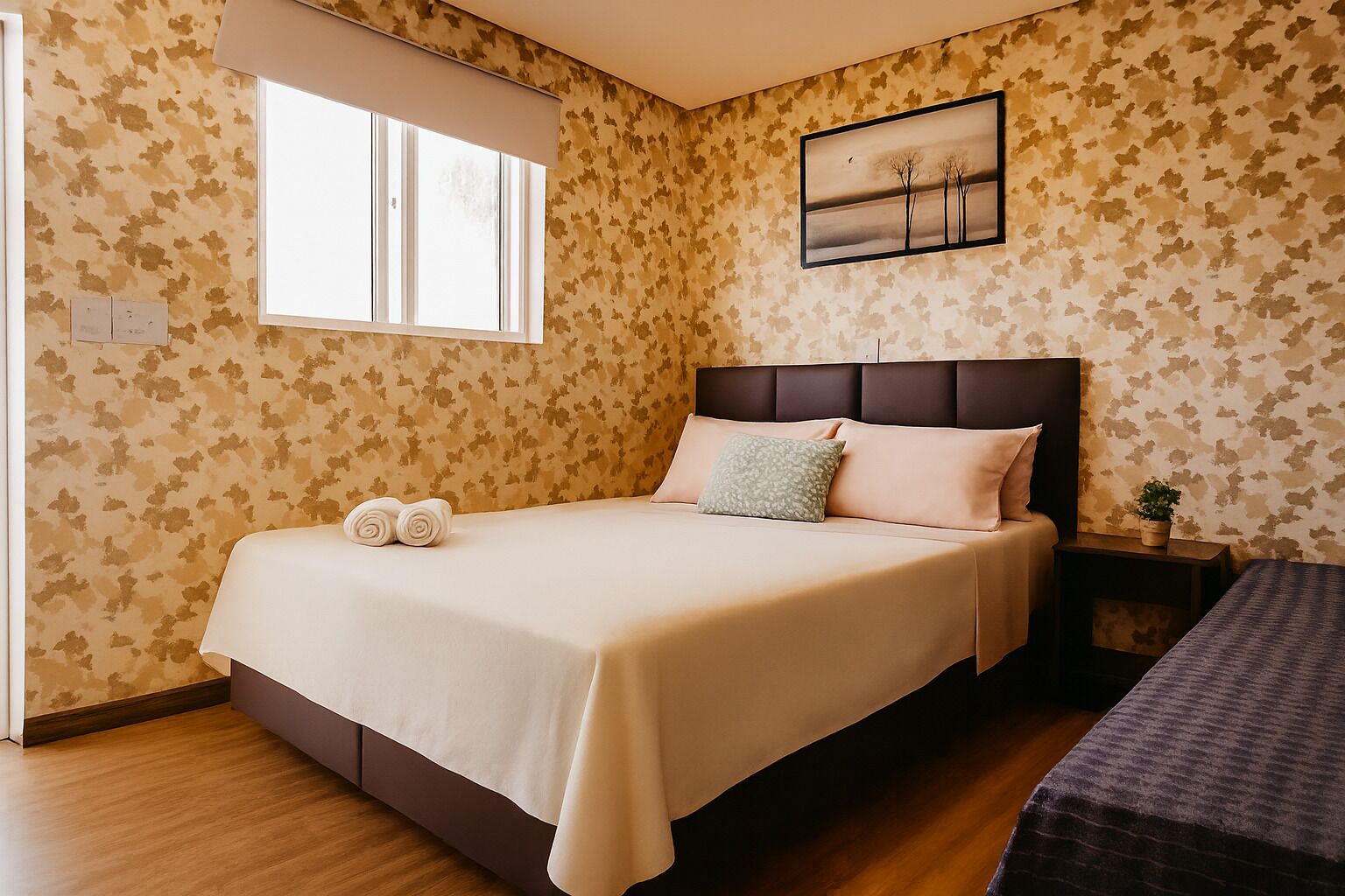 Een net opgemaakt bed met hoofdbord, een raam met jaloezieën en een aan de muur hangend schilderij.