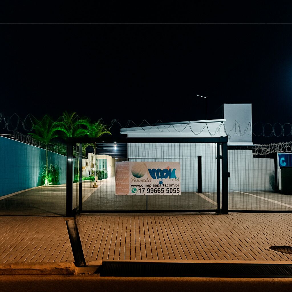 Vue nocturne de l’entrée d’un immeuble, avec une porte en verre, une enseigne et une clôture de sécurité surmontée de barbelés.