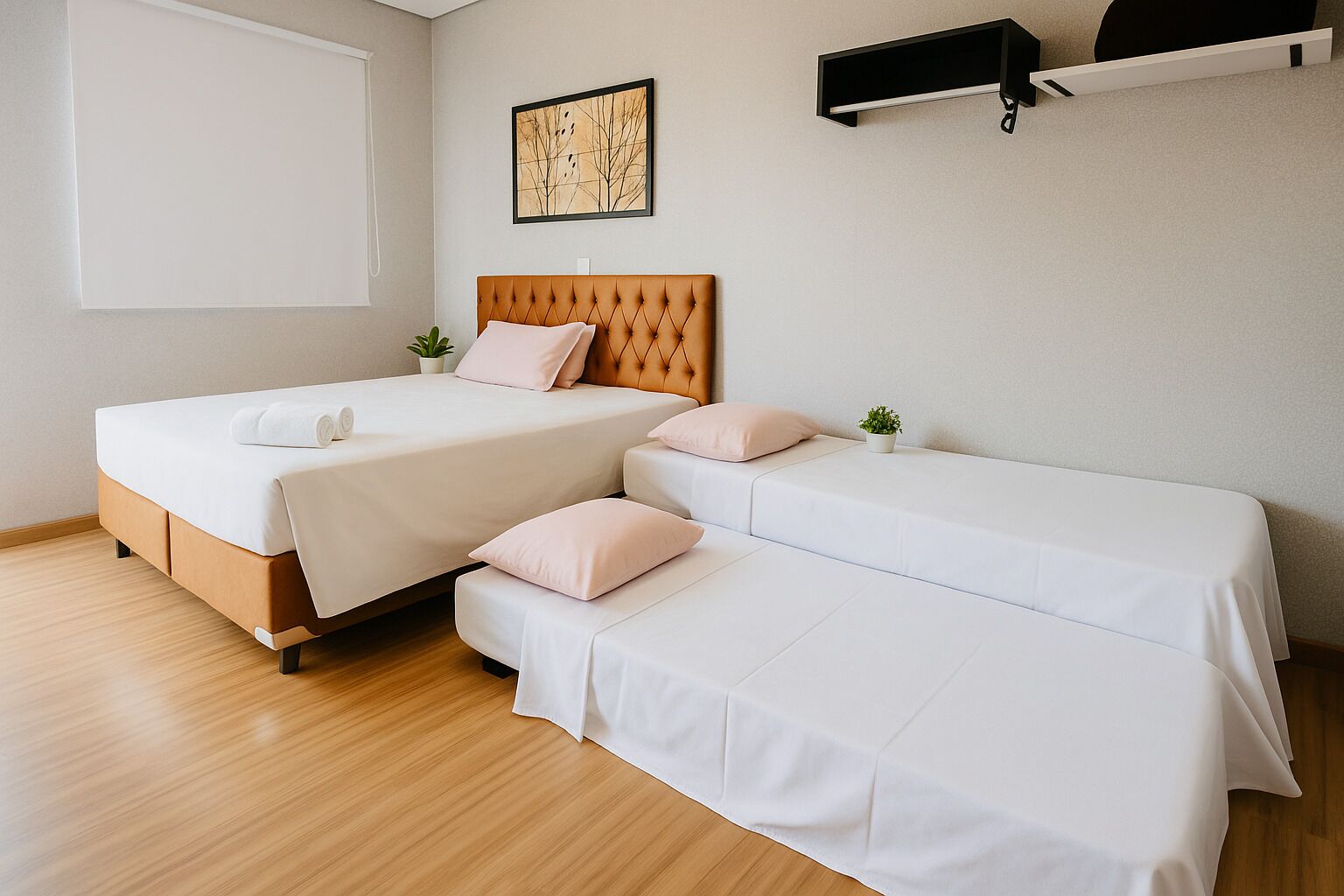 A bedroom with two beds, a window, a wall-mounted shelf, and a framed picture.