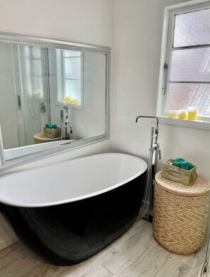 Shower, hair dryer, towels, soap