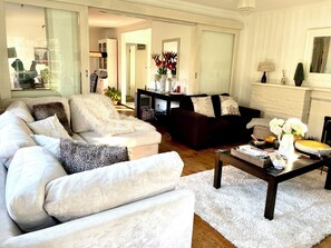 Una Smart TV, un reproductor de DVD, libros, una biblioteca de música