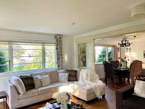 Una Smart TV, un reproductor de DVD, libros, una biblioteca de música