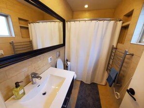 Shower, hair dryer, bidet, towels