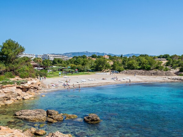 Relax on the beach with sun loungers and umbrellas, surrounded by lush greenery and the sound of the ocean.