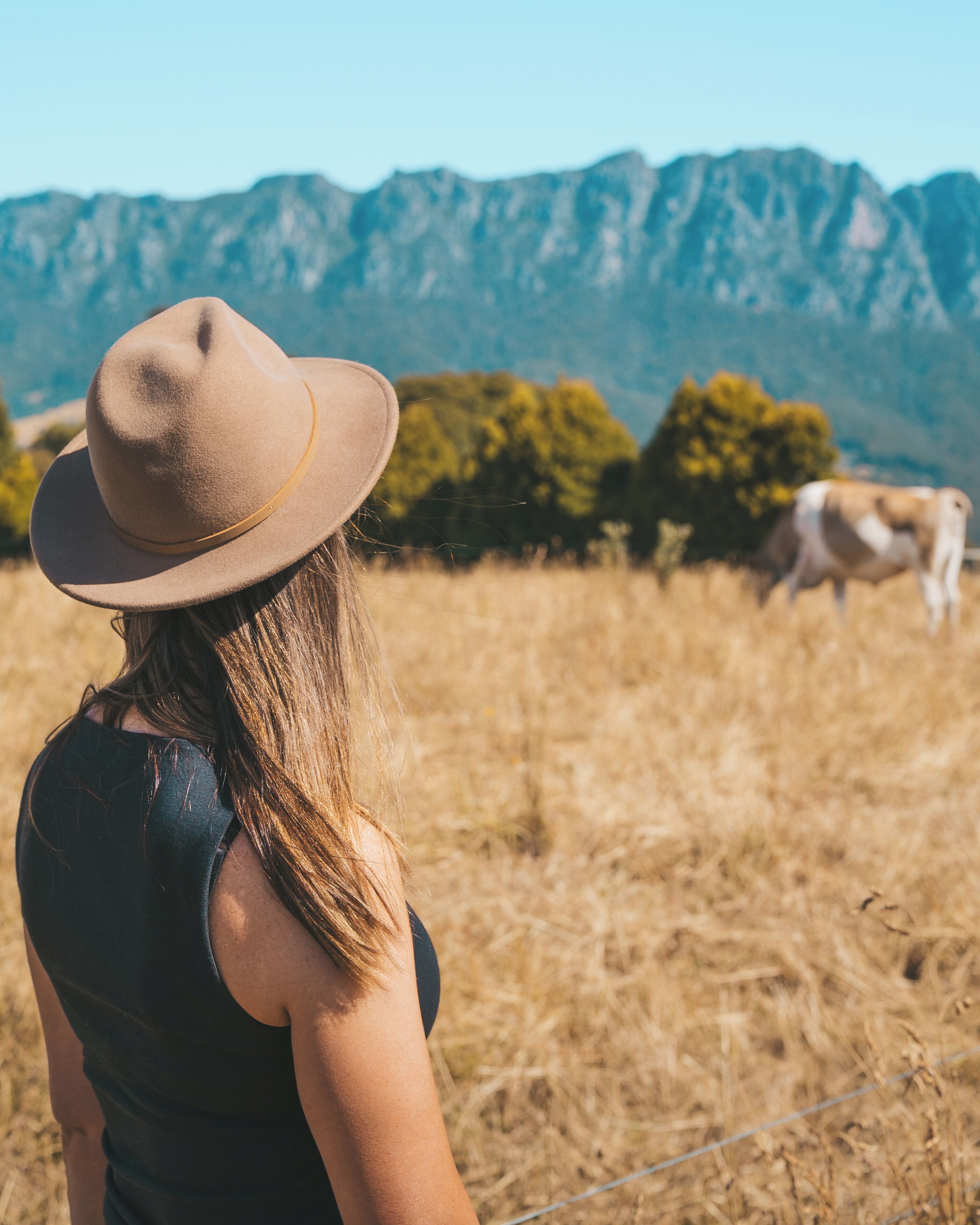 A person wearing a hat standing in a field with mountains in the background.