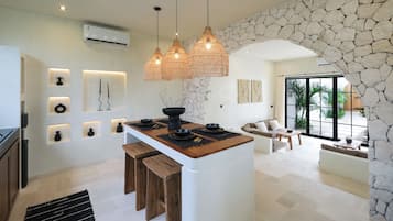 Luxury Villa | Private kitchen | Fridge, stovetop, cookware/dishes/utensils, cleaning supplies