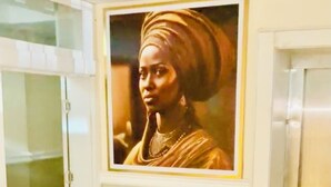 A framed portrait of a person in traditional attire, a door, and a glass partition. - Hani Hotels and Suites (Benin City)