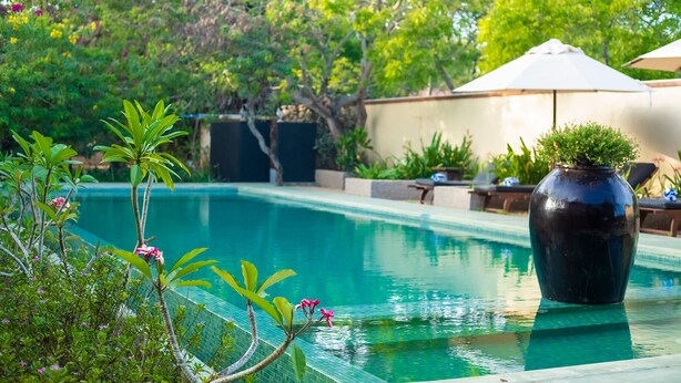 A swimming pool with a clear blue water, surrounded by greenery and a large black vase.