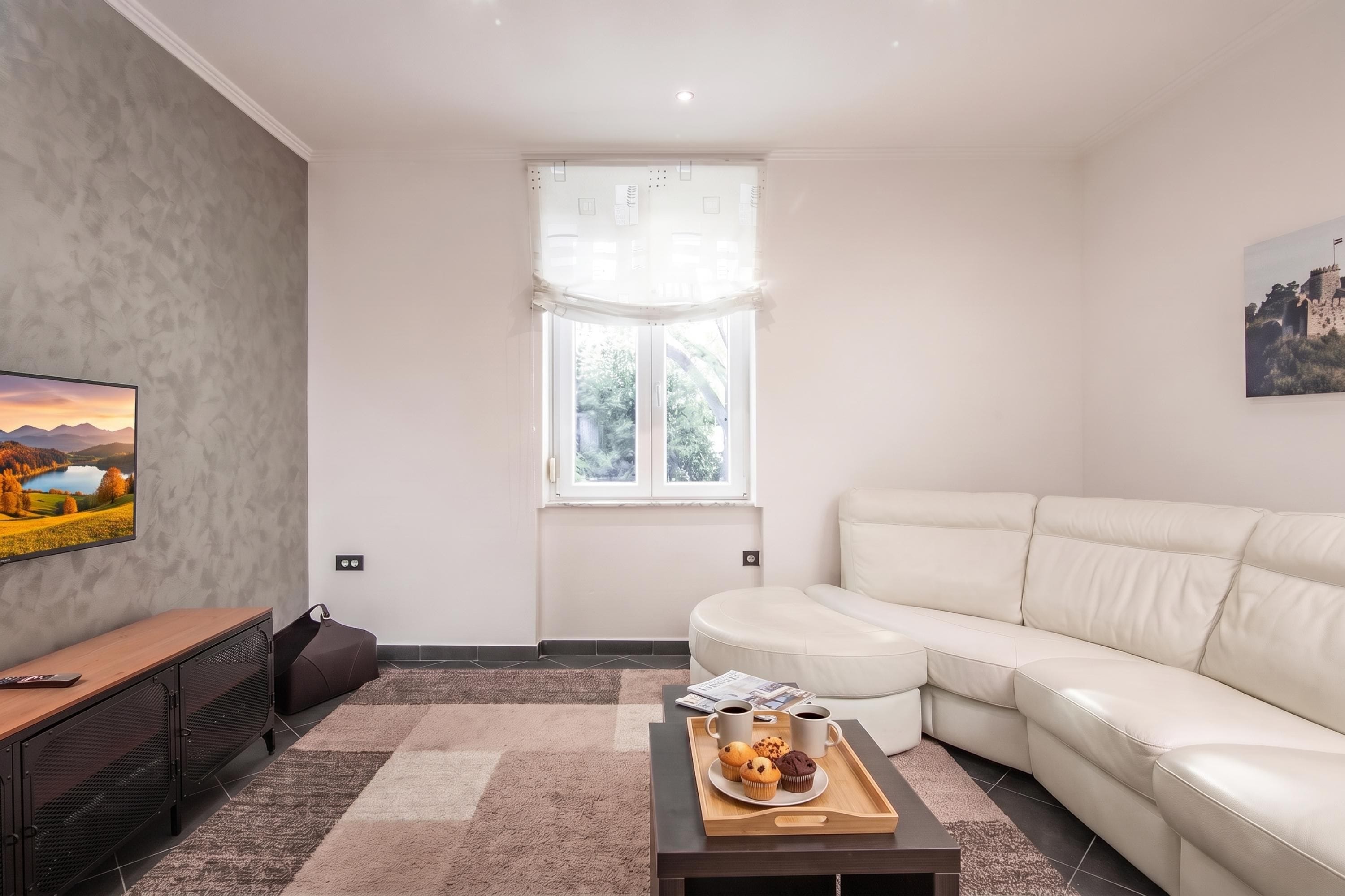 A modern living room with a white leather sofa, a flat-screen TV mounted on the wall, a wooden coffee table with a tray of muffins, and a window with a view of greenery.