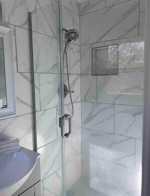 Shower, hair dryer, towels, soap -  Freshly renovated four bedroom home with a Beautiful backyard and pond.   (Greensboro)