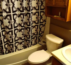 Bathroom features a geometric patterned shower curtain, a toilet, and a cabinet above the sink.