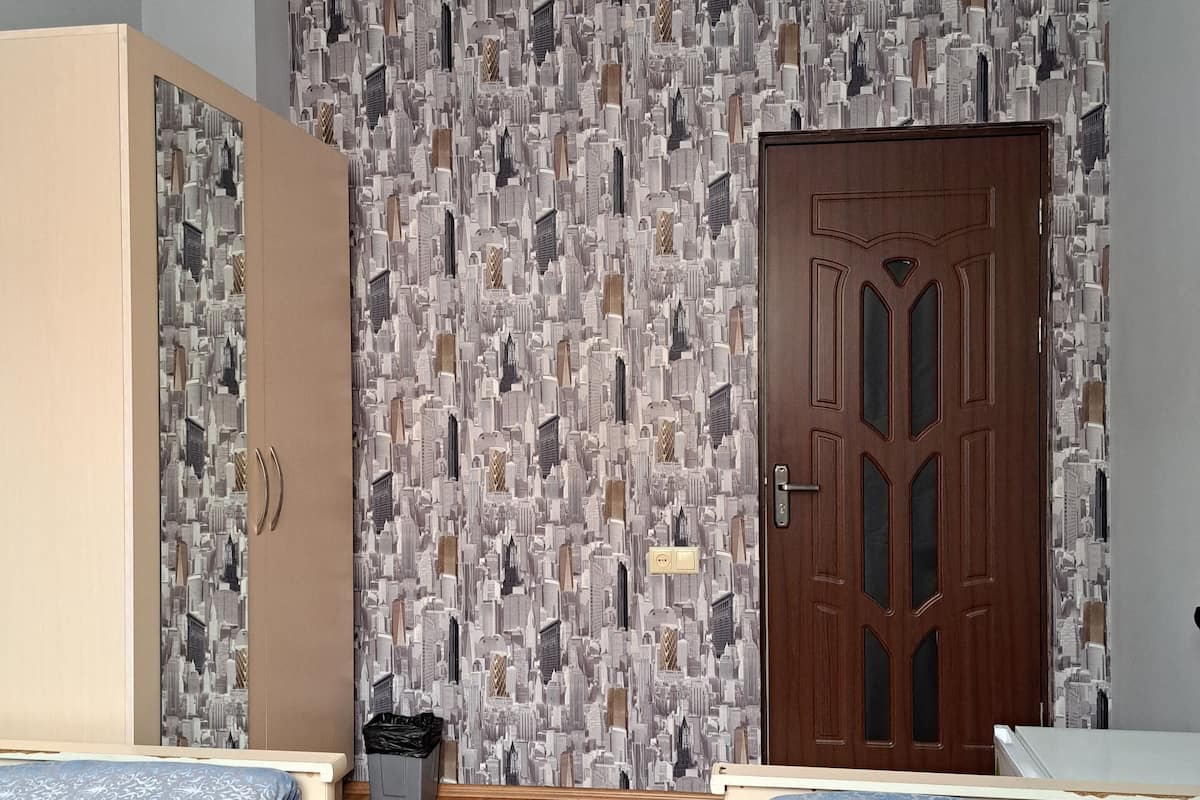 A bedroom with two beds, a wardrobe, a door, and a patterned wallpaper.