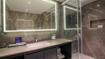 Shower, free toiletries, hair dryer, slippers