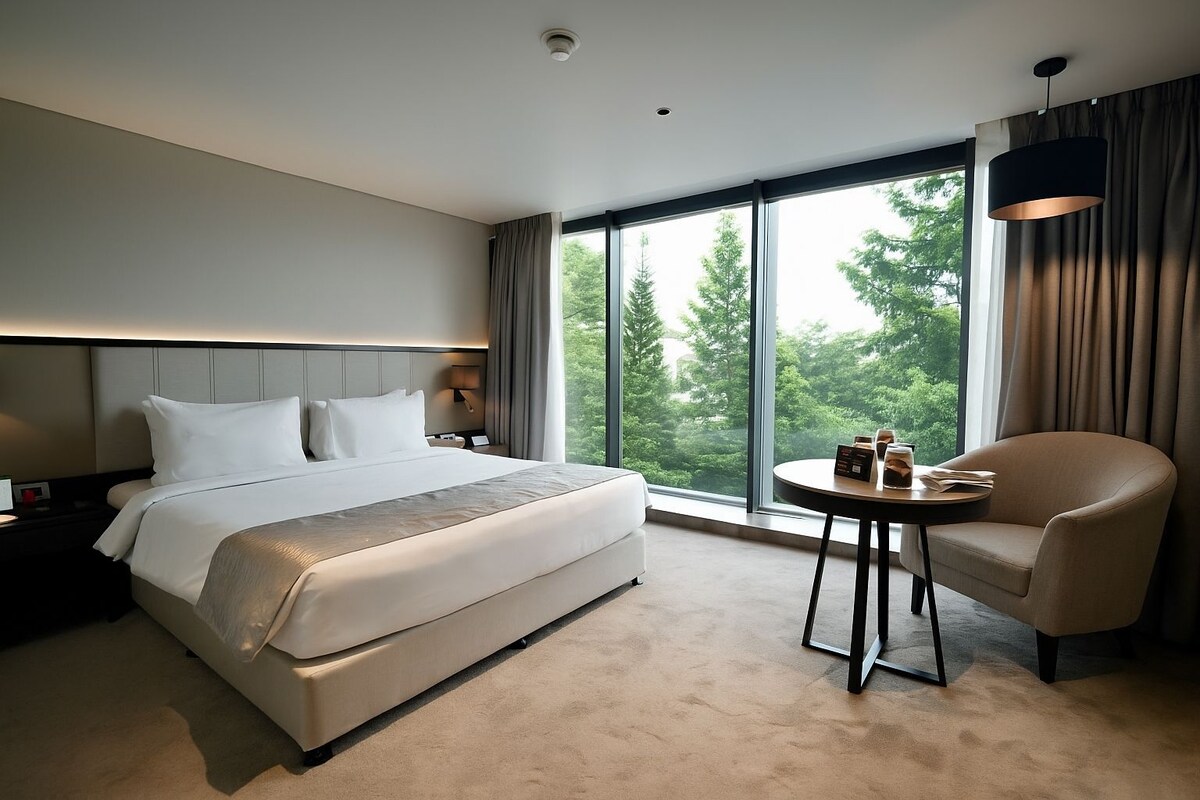 Una habitación de hotel moderna con una cama grande, una mesa redonda con servicio de café y vistas a árboles a través de amplios ventanales.
