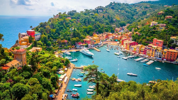 A coastal town with colorful buildings, a marina with boats, and lush greenery.