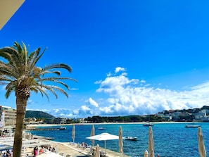 Une vue sur la côte, avec un palmier, une plage et des bateaux.