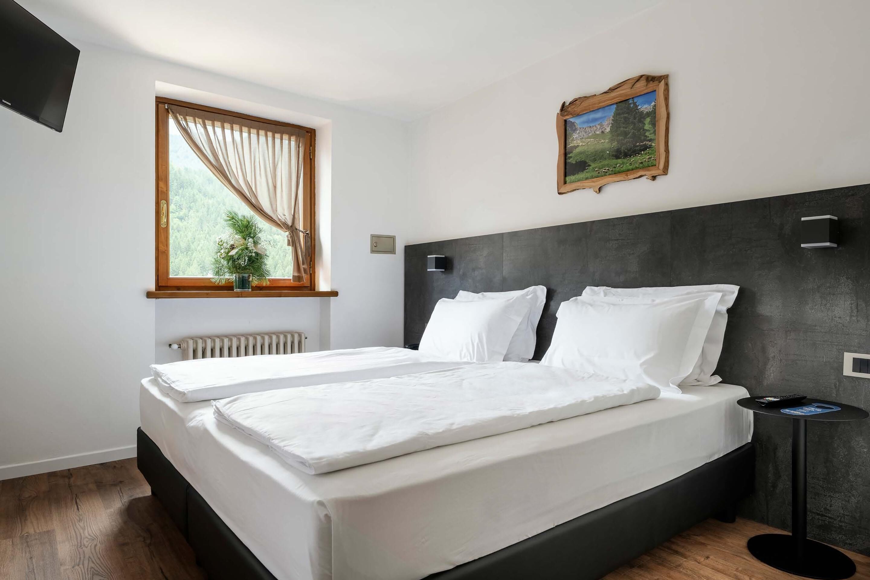 A double bed with white linens, a bedside table with a remote control, a window with curtains, a radiator, and a framed picture on the wall.