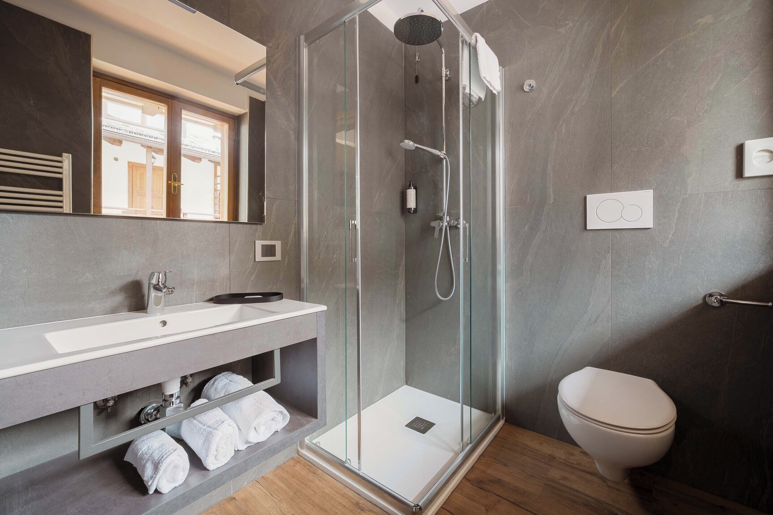 A modern bathroom with a glass-enclosed shower, a white sink, and a toilet.