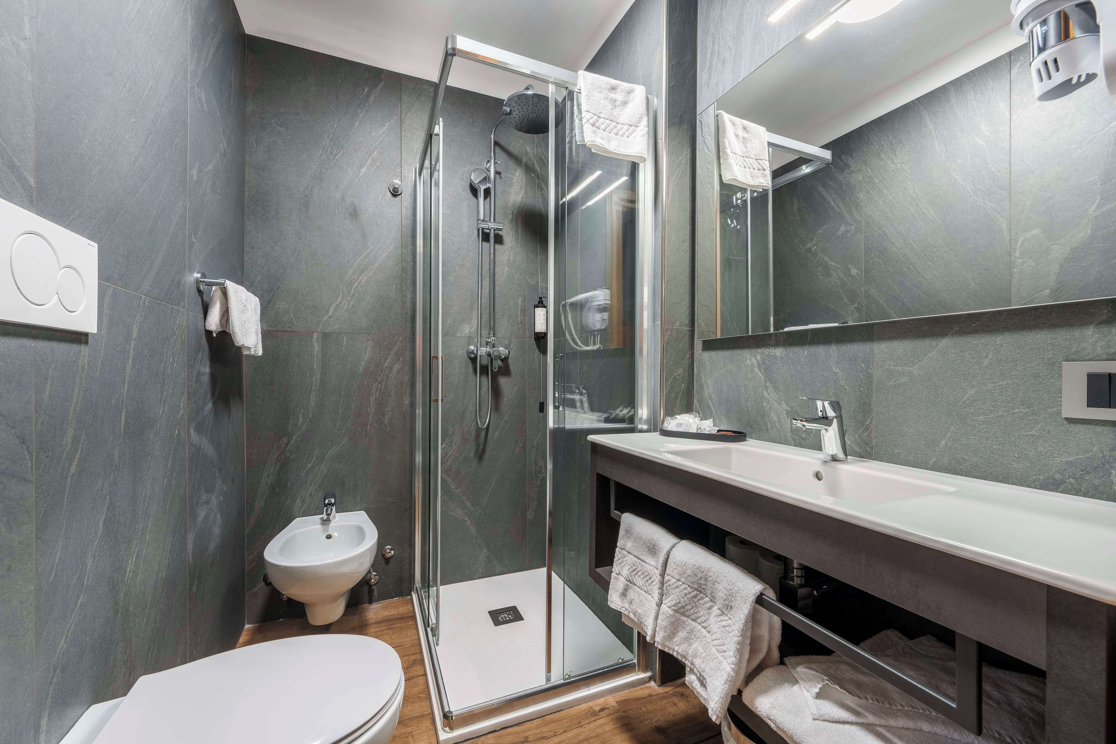 A modern bathroom with a glass shower enclosure, a bidet, a sink, and a large mirror.