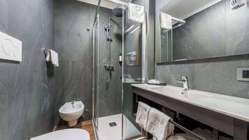 A modern bathroom with a glass shower enclosure, a bidet, a sink, and a large mirror.