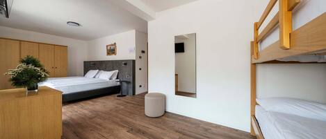 Un dormitorio moderno con una cama litera, una cama individual, un escritorio de madera, una pequeña planta en maceta y un espejo en la pared.