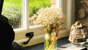 Een uitzicht op een groen landschap en een stenen muur vanuit een raam.