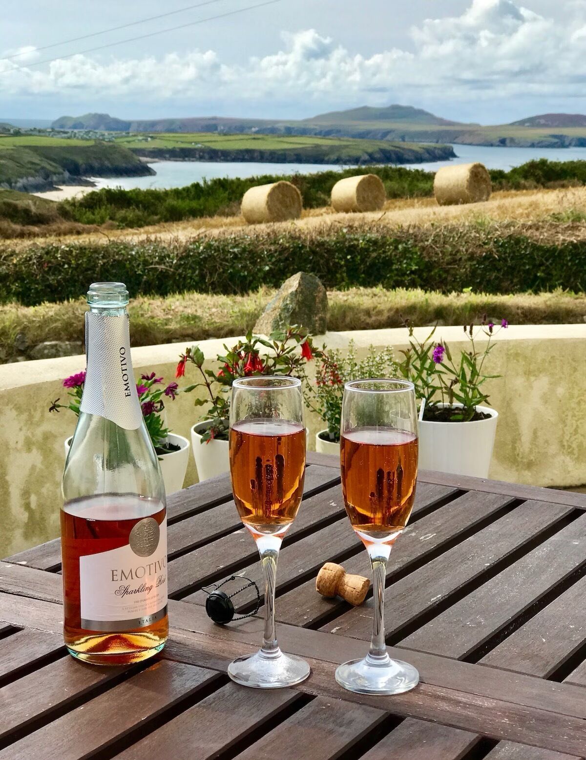 Eine Flasche Emotiv Sekt, zwei Weingläser und ein Korken auf einem Holztisch mit Blick auf Hügel und einen See im Hintergrund.