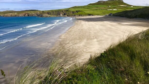 A coastal landscape with a sandy beach, grassy areas, and a hill in the background.
