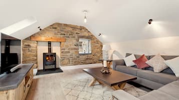 Cottage (3 Bedrooms) | Living area | 32-inch Smart TV with cable channels, fireplace, heated floors
