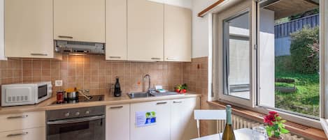 Appartement familial, plusieurs chambres, au bord du lac (Garden on the lake 1) | Cuisine privée | Réfrigérateur, four à micro-ondes, un four, surface de cuisson