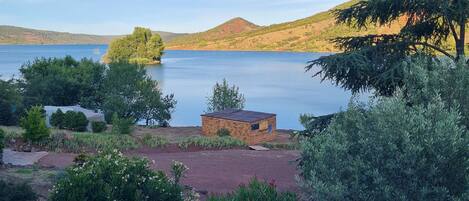 A lakeside view with a wooden cabin, lush greenery, and a clear sky.