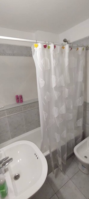 Een haardroger, handdoeken, shampoo, toiletpapier
