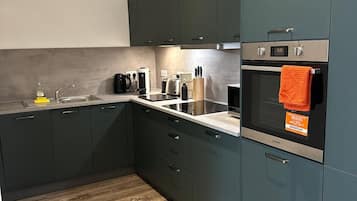 Full-sized fridge, microwave, oven, stovetop