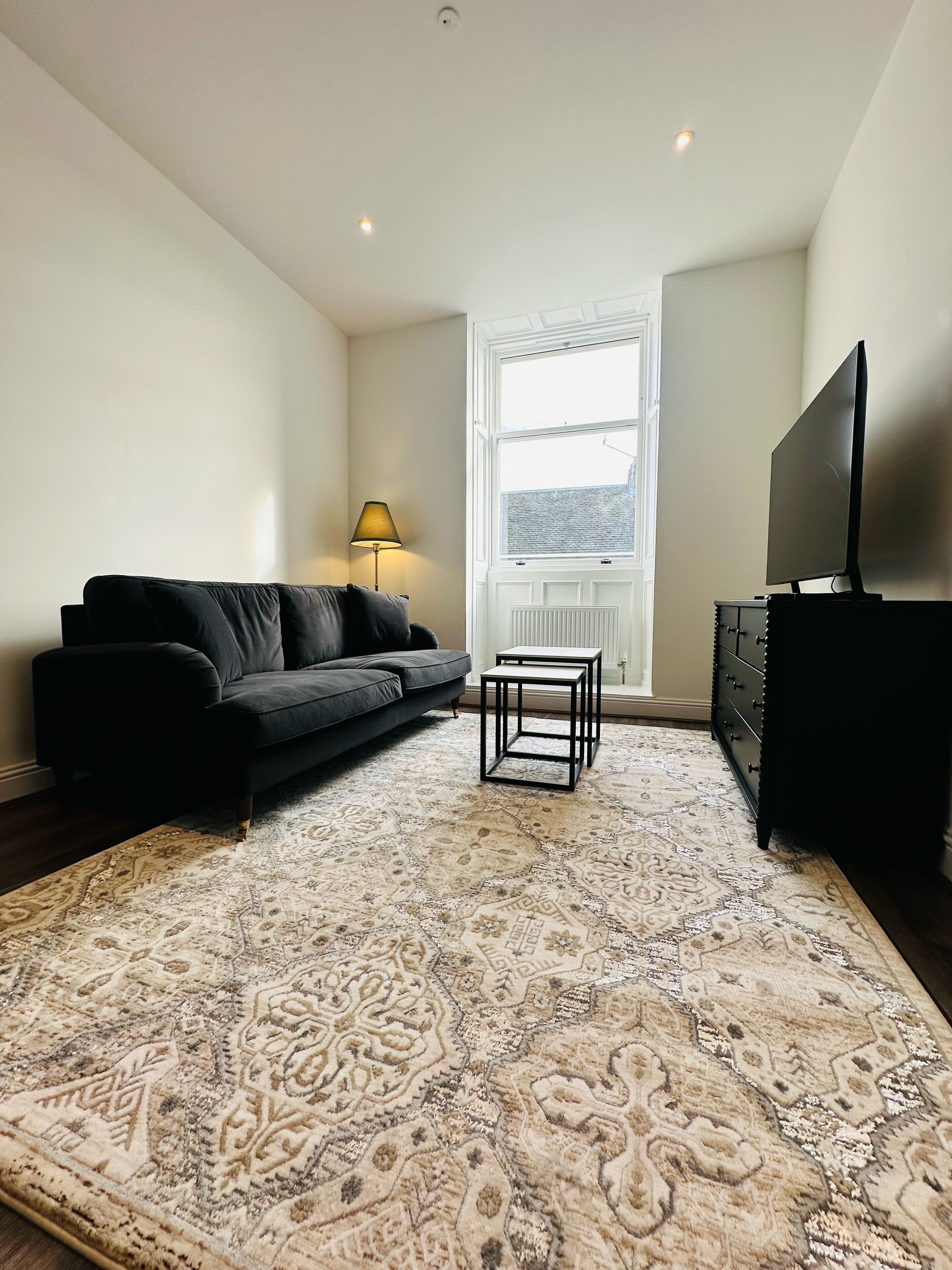 Un salon avec un canapé noir, un tapis à motifs, une petite table, un téléviseur posé sur un meuble et une fenêtre donnant sur un paysage agréable.