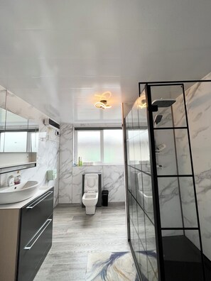 Shower, hair dryer, towels, soap