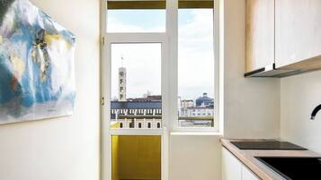 Een koelkast, een magnetron, een kookplaat, een vaatwasser