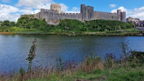 A historic castle with a moat, surrounded by greenery and a clear blue sky. - Addison's Adorable Abode (Pembroke Dock)