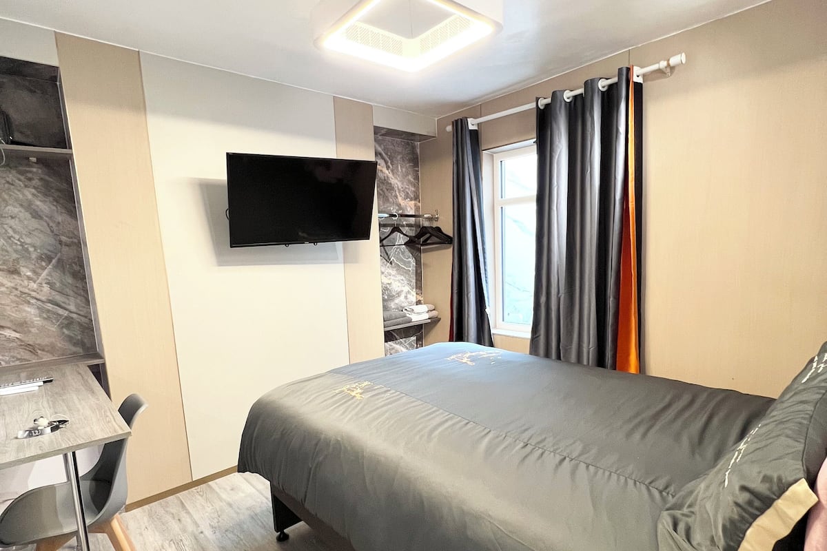 Une chambre moderne équipée d’un lit, d’un bureau, d’un téléviseur à écran plat et d’un espace douche.