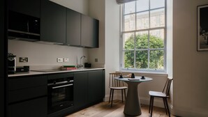 A modern kitchen with dark cabinetry, a built-in oven, and a window with a view of greenery. - 33 Castle Terrace (Edinburgh)