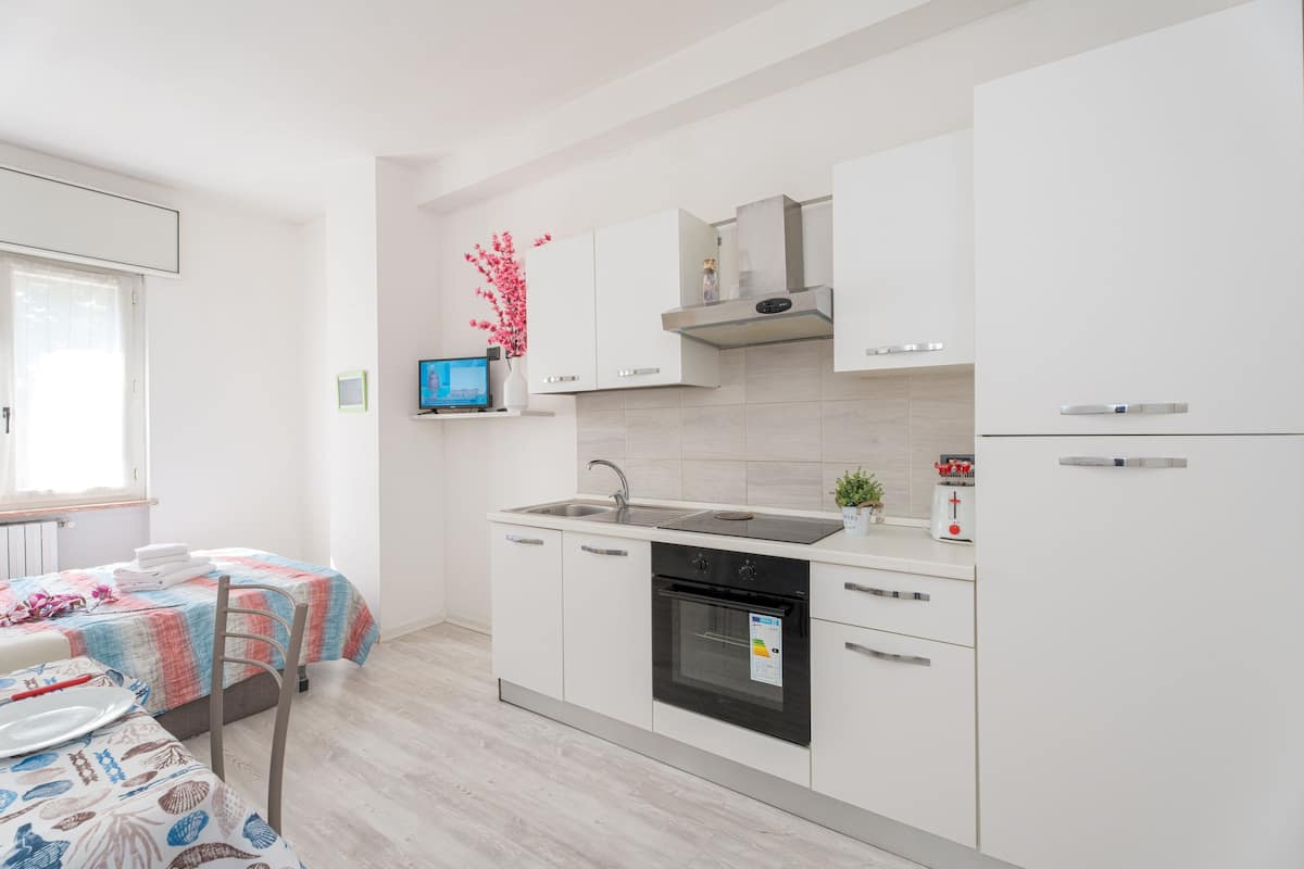 Departamento estándar, 1 cama matrimonial y sofá cama | Área de sala de estar | Televisión de pantalla plana de 24 pulgadas con canales vía satélite