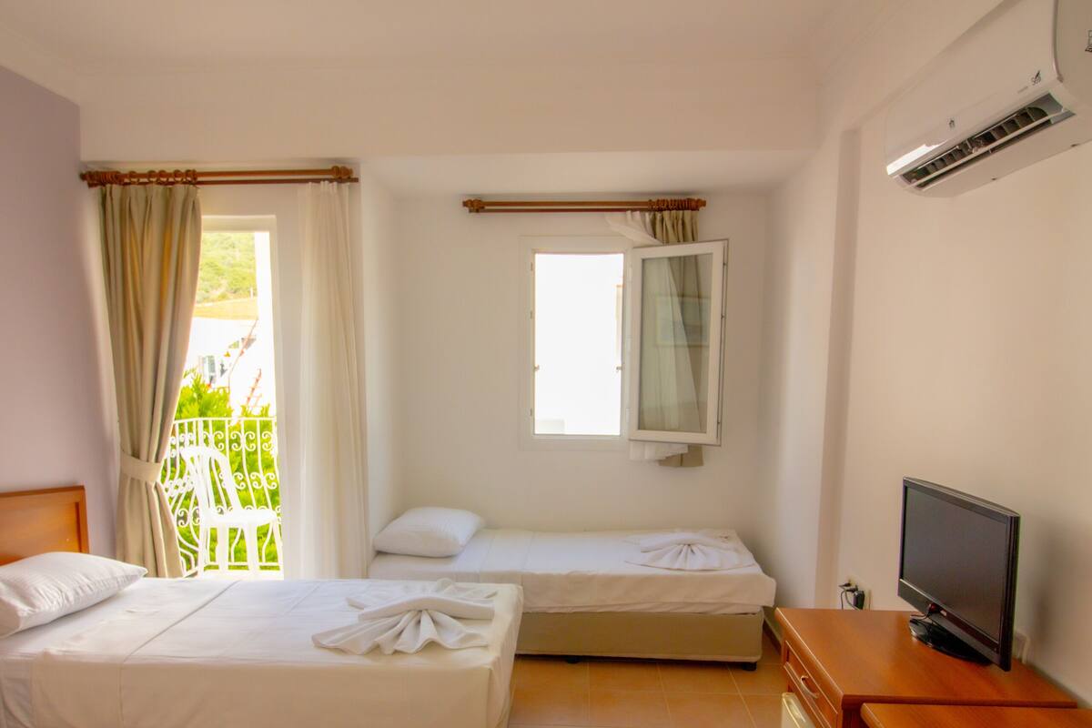 Une chambre d’hôtel avec deux lits, une télévision, un bureau et une fenêtre avec des rideaux.