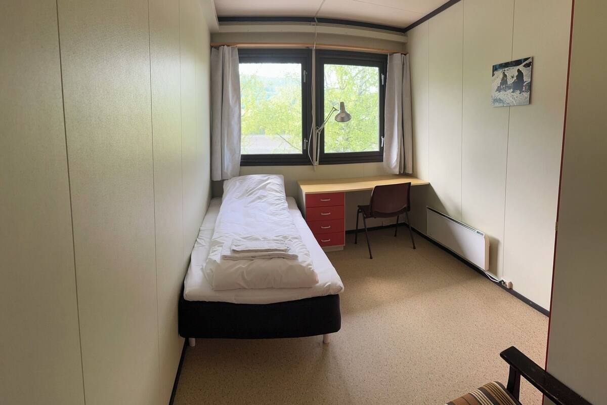 Habitación individual con cama, escritorio, silla, radiador y ventana con cortinas.