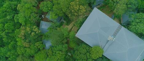 An aerial view of a property with multiple buildings surrounded by dense greenery.