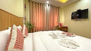 A hotel room with a large bed, two pillows, a TV, and a plant. - Hotel Lumbini Airport (Kathmandu)