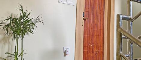 A wooden door with a brass handle, a potted plant, and a hand sanitizer dispenser on the wall.
