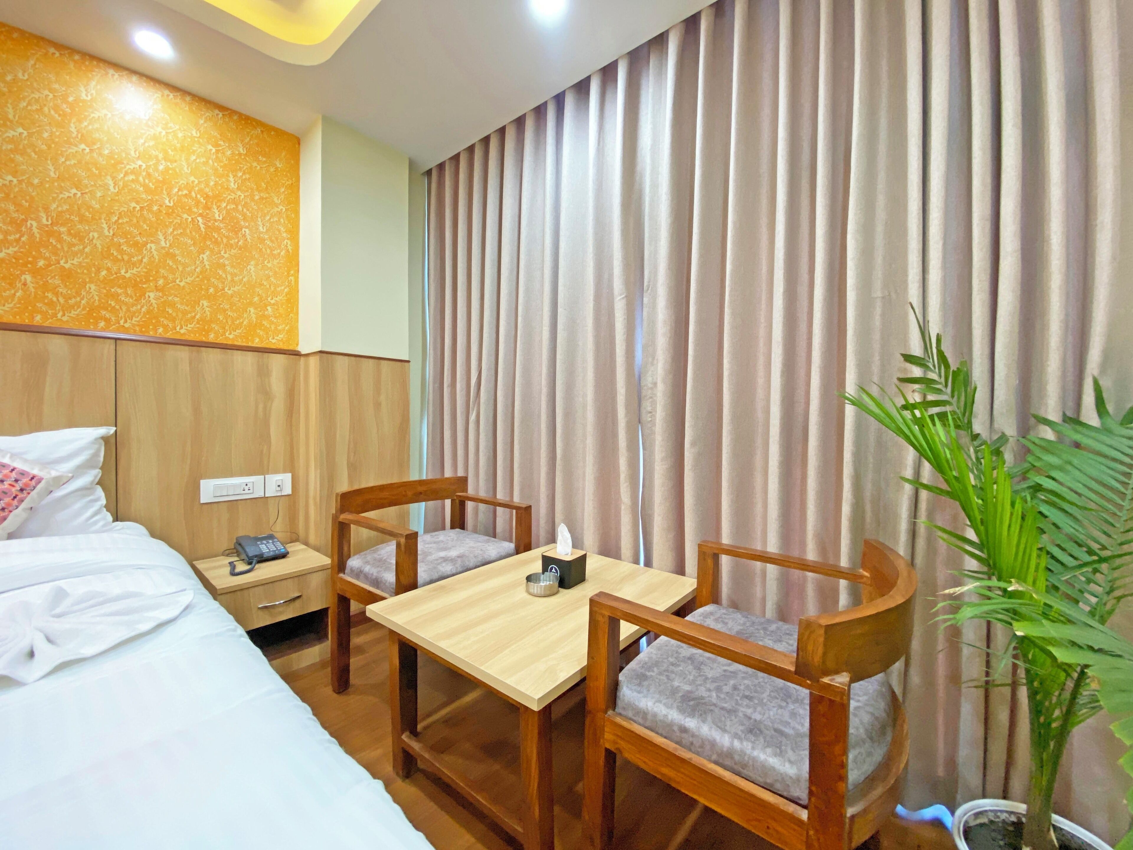 A hotel room with a bed, a wooden nightstand, a table with chairs, a telephone, a tissue box, and a potted plant.